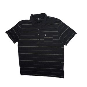 Volcom Mens Size XL Black Striped Short Sleeve Polo Shirt